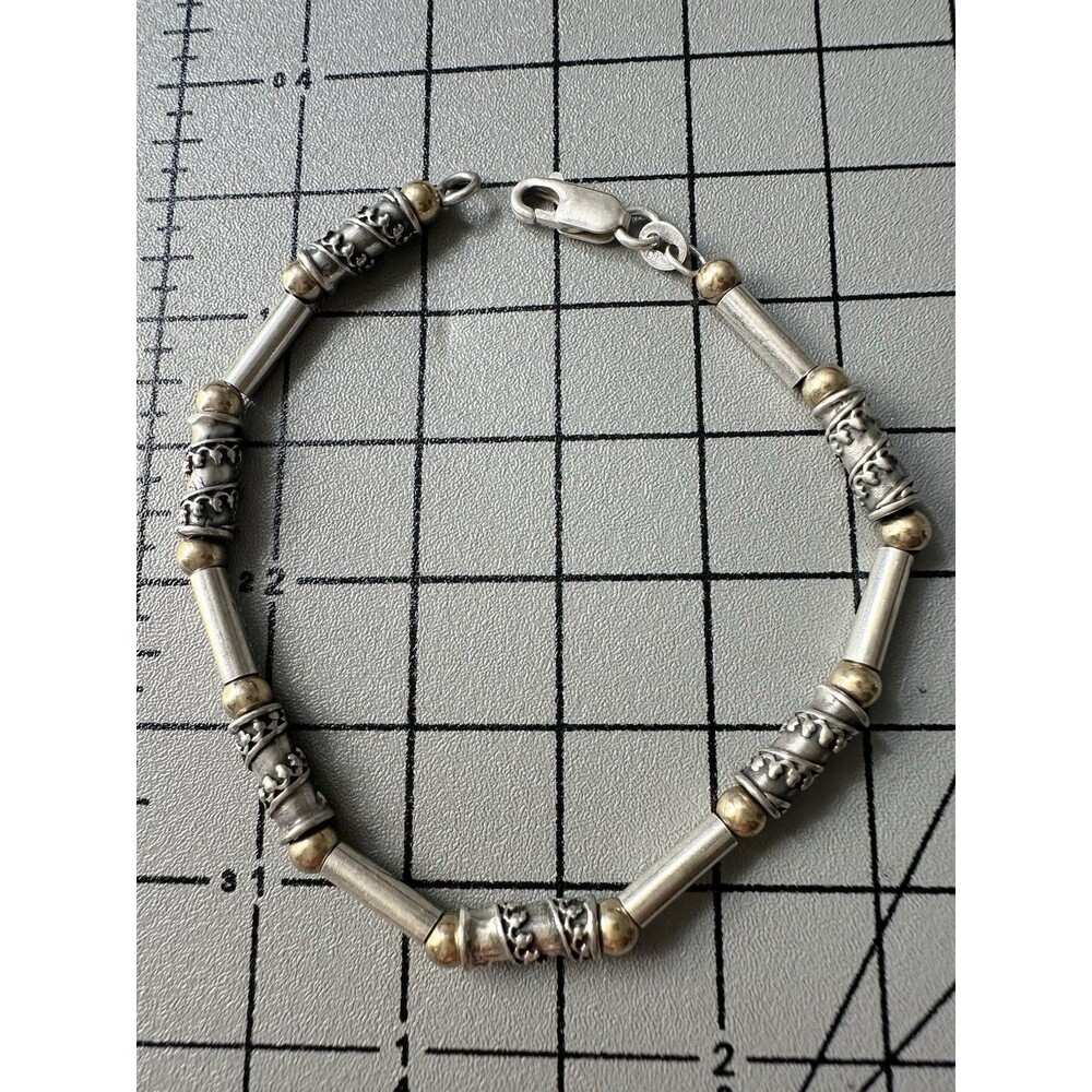 925 Sterling Silver Gold Vermeil Two Tone Tube Bead Bracelet 7.5”
